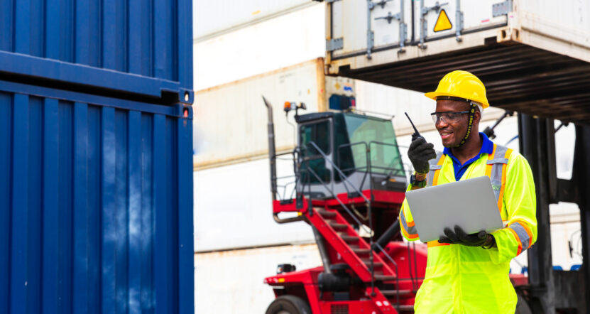 Foreman is controlling air or sea freight. Foreman works with la Foreman is controlling air or sea freight. Foreman works with laptop computer radio to communicate with forklift drivers.